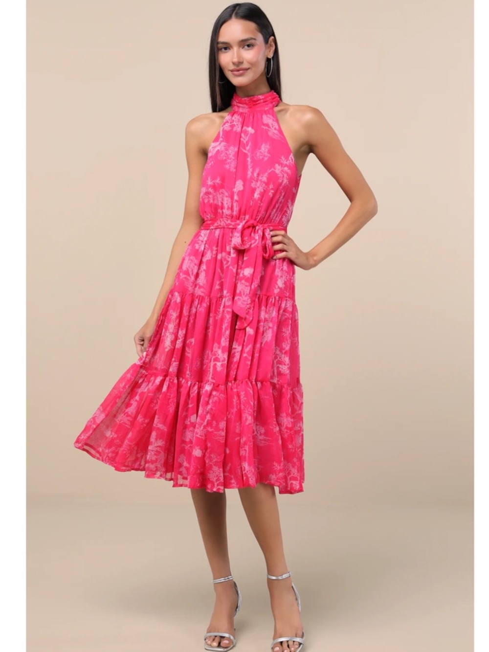 Lulus Float to You Hot Pink Floral Halter-Neck Tiered Midi Dress Medium Weddings